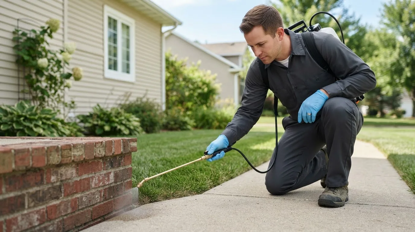 Pest control technician treating a home near North Collins, NY